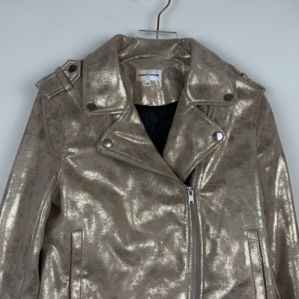 Sunset+Spring Gold Metallic Faux Leather Biker Jacket Size XS - Picture 2 of 10